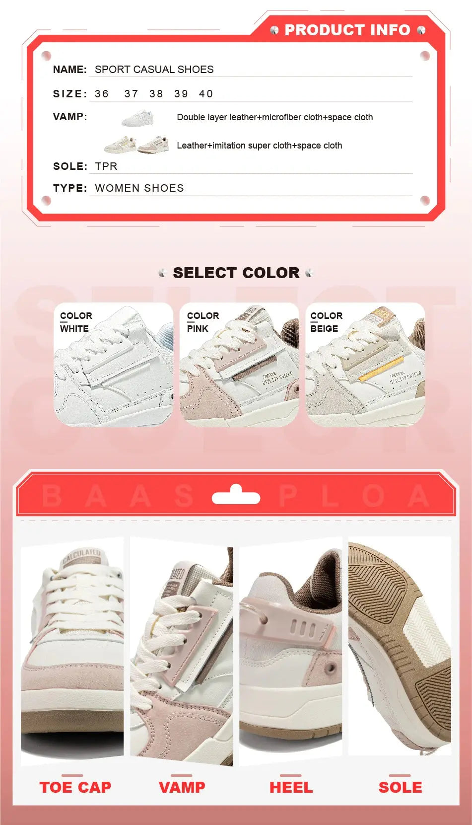 Baasploa Women Outdoor Casual Shoe Fashion Leather Breathable Sneakers Walking Shoes Female Non-slip Comfortable Skateboard Shoe CATG Sports Footwear